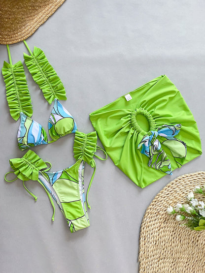 Ruffle three-piece bikini split swimsuit