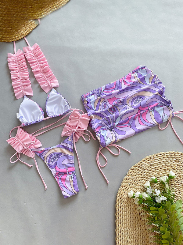 Ruffle three-piece bikini split swimsuit