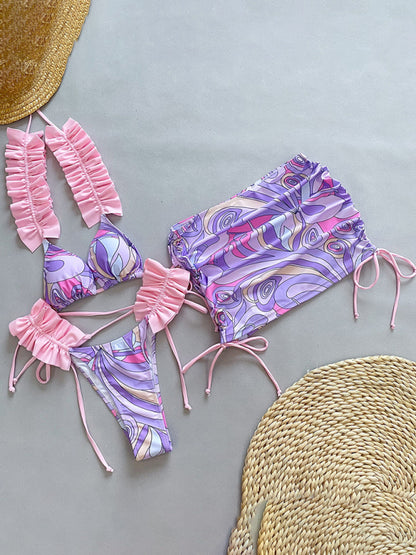 Ruffle three-piece bikini split swimsuit