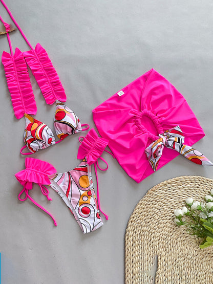 Ruffle three-piece bikini split swimsuit