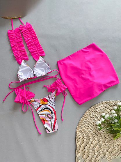 Ruffle three-piece bikini split swimsuit