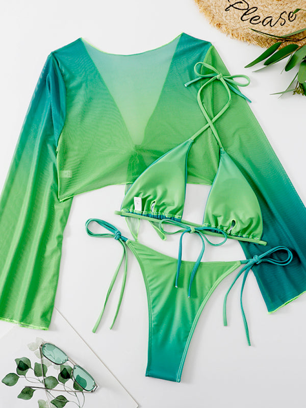 Green Ombre three-piece bikini mesh shawl split swimsuit high waist bikini