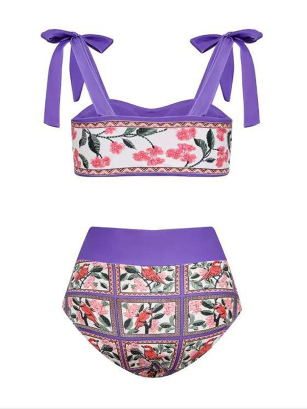 Hip-hugging colorblock printed beach sun protection three-piece swimsuit