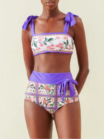 Hip-hugging colorblock printed beach sun protection three-piece swimsuit