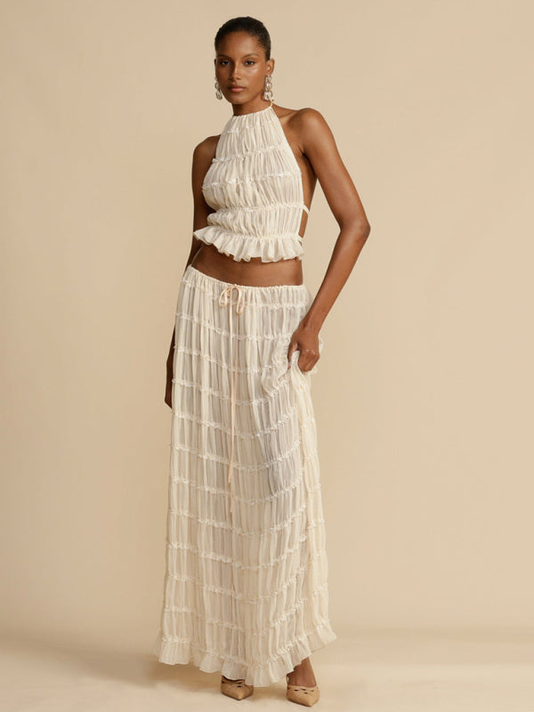 Backless lace-up halter top set and two-piece chiffon pleated long skirt