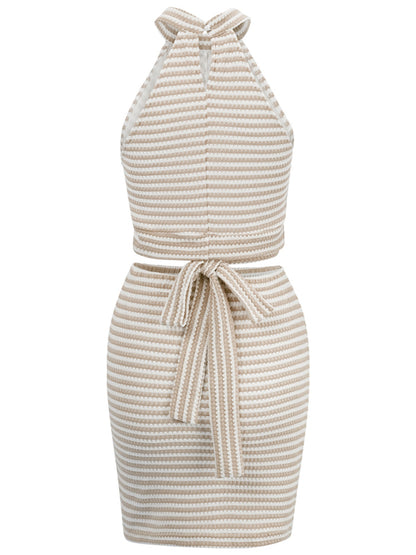 Striped halter neck crop top strap suit skirt