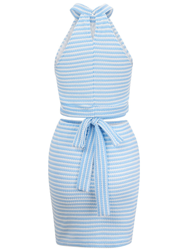 Striped halter neck crop top strap suit skirt