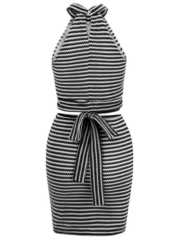 Striped halter neck crop top strap suit skirt