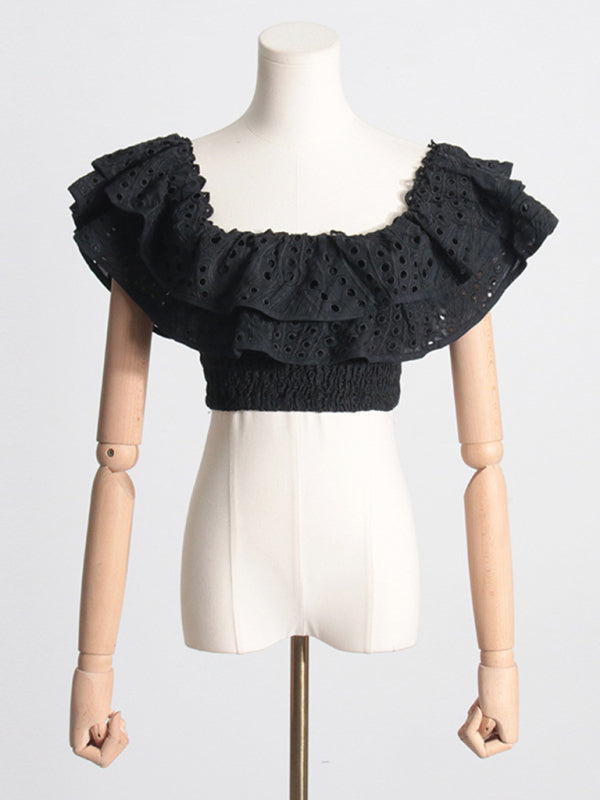 New French-style ear-hemmed short top, high-waisted cake layer skirt, sexy two-piece suit