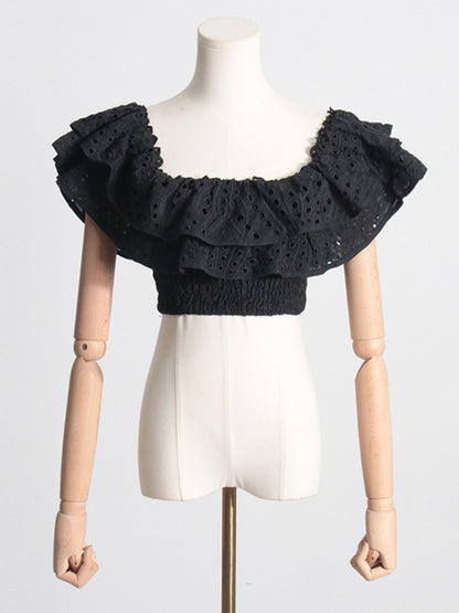 New French-style ear-hemmed short top, high-waisted cake layer skirt, sexy two-piece suit