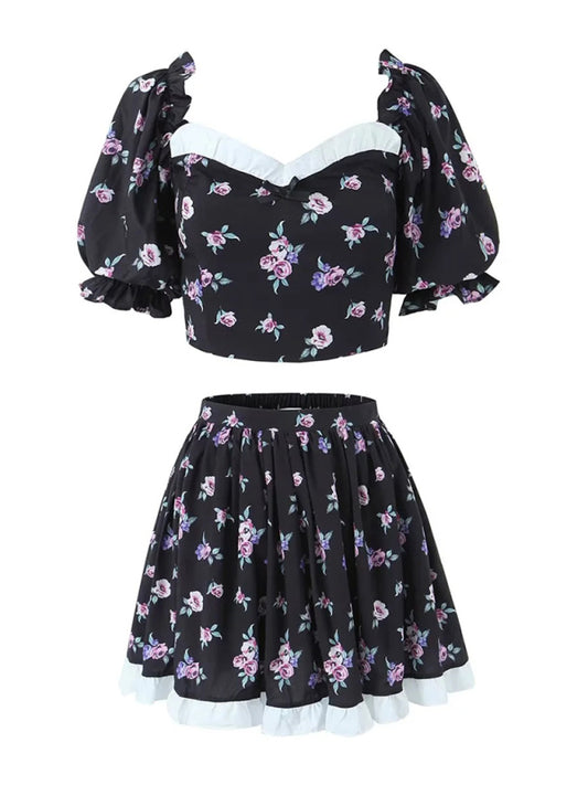 Floral Puff Sleeve Top + High Waist Skirt Set