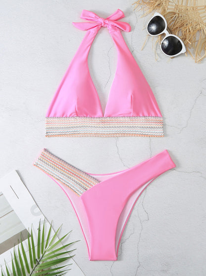 High Waist Swimsuit Color Block Web Sexy Push Up Bikini