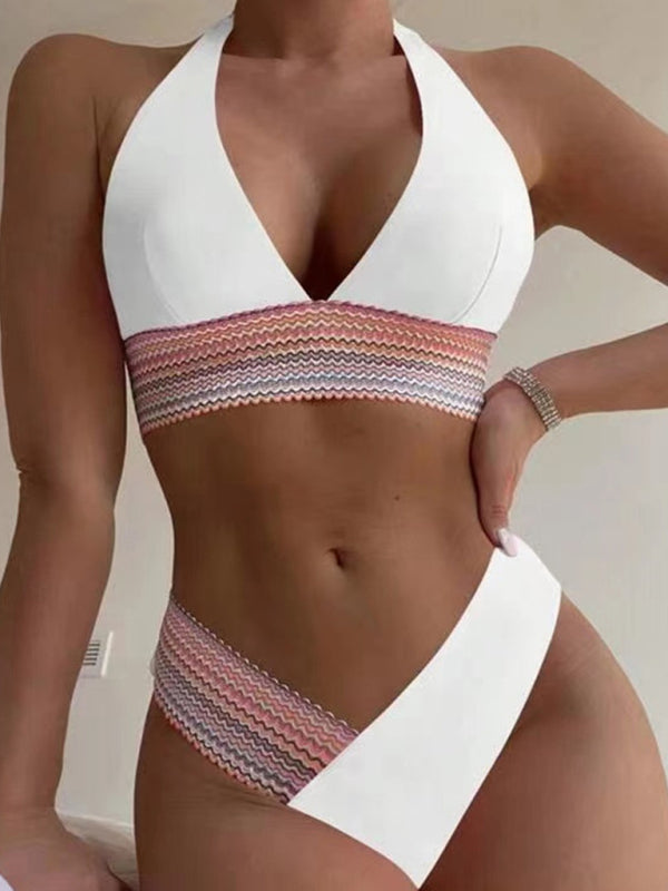 High Waist Swimsuit Color Block Web Sexy Push Up Bikini