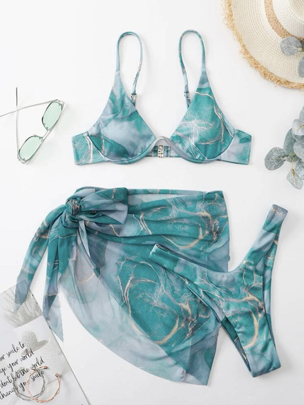 Marble tie-dye three-piece bikini set