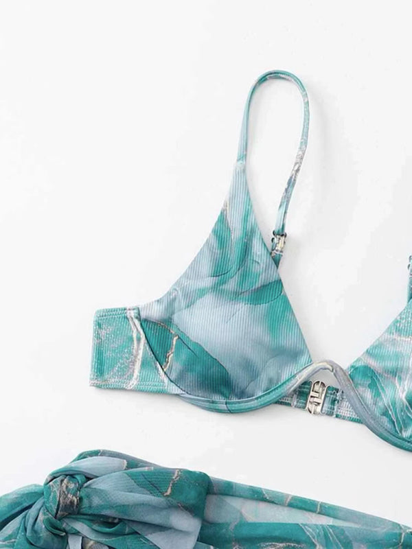 Marble tie-dye three-piece bikini set