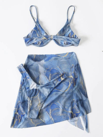 Marble tie-dye three-piece bikini set