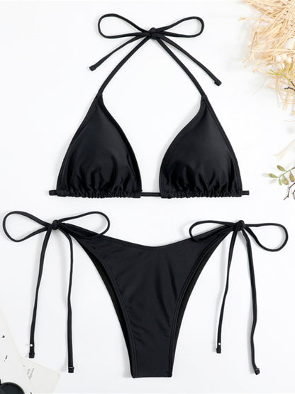 Solid color split strap women's sexy triangle bikini