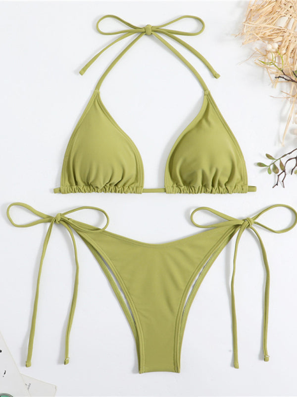 Solid color split strap women's sexy triangle bikini