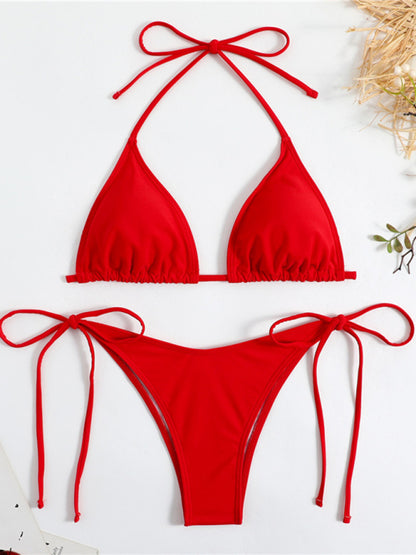 Solid color split strap women's sexy triangle bikini