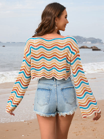 New patchwork round neck striped bikini beach cover-up