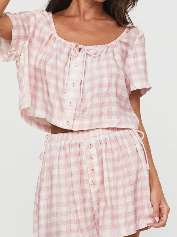 New Pink Plaid Bow Tie Top Breasted Button Checkered Gingham Shorts Casual Set