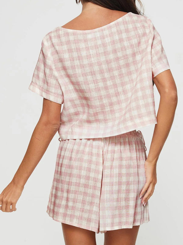 New Pink Plaid Bow Tie Top Breasted Button Checkered Gingham Shorts Casual Set