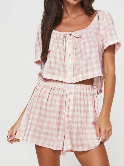 New Pink Plaid Bow Tie Top Breasted Button Checkered Gingham Shorts Casual Set