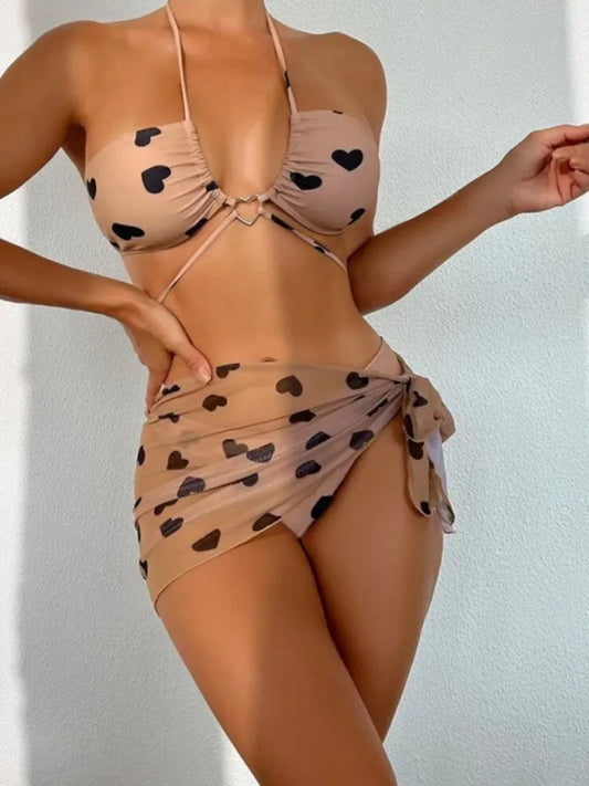 Heart love print three-piece bikini set