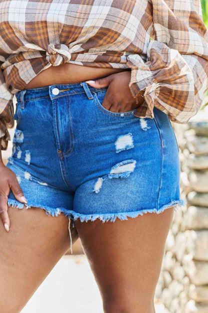 Plus High Waist Frayed Hemline Shorts in Denim