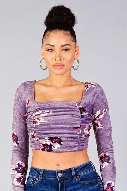 Ruched Velvet Floral Back Tie Crop Top