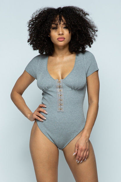 Short Sleeve Hook & Eye Ribbed Knit Bodysuit