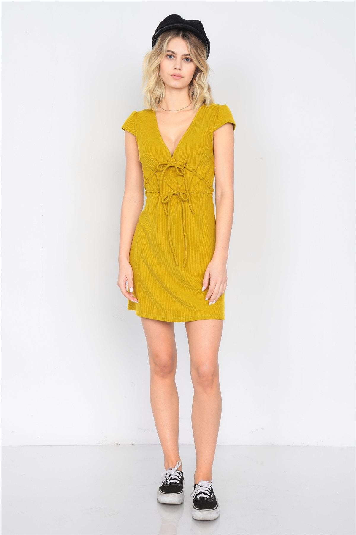 Mustard Ribbed V-neck Cap Sleeve Mini Solid Casual Dress