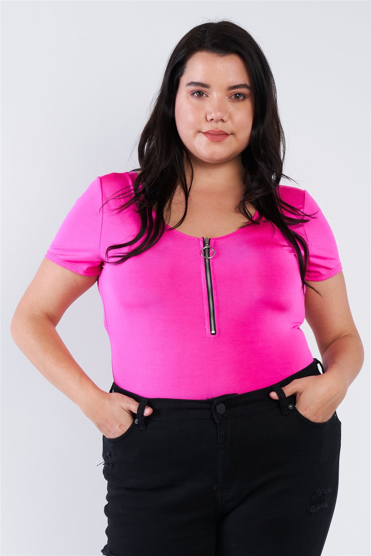 Plus Size Zipper Short Sleeve Bodysuit