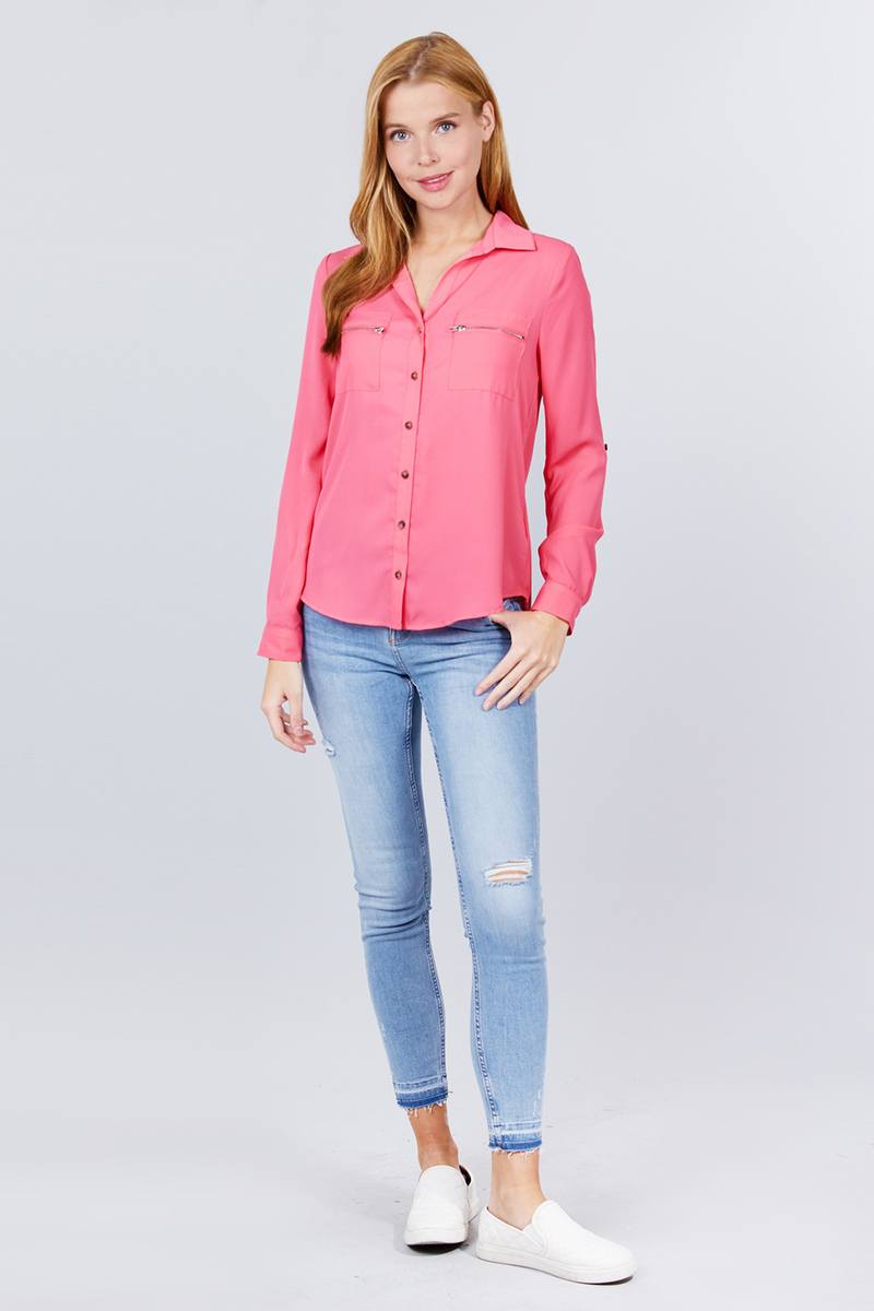 Roll Up Sleeve Pocket W/zipper Detail Woven Blouse