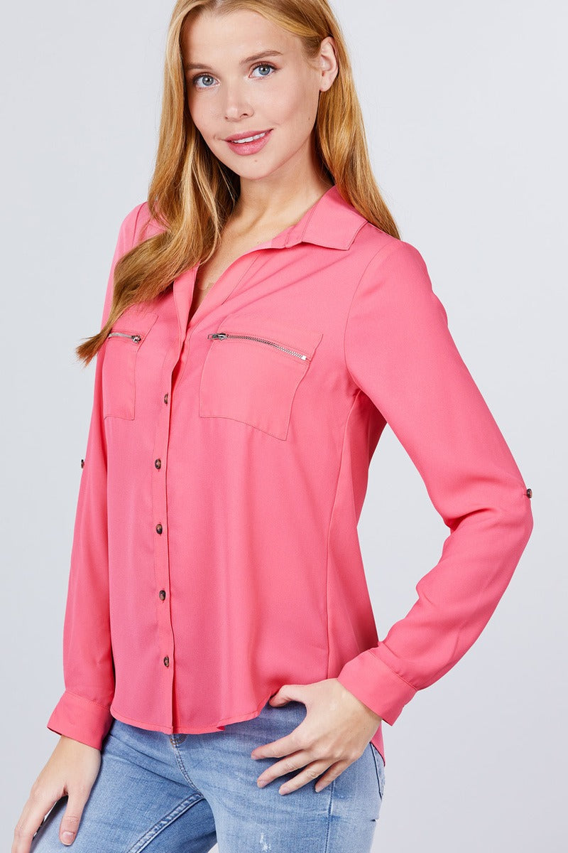 Roll Up Sleeve Pocket W/zipper Detail Woven Blouse