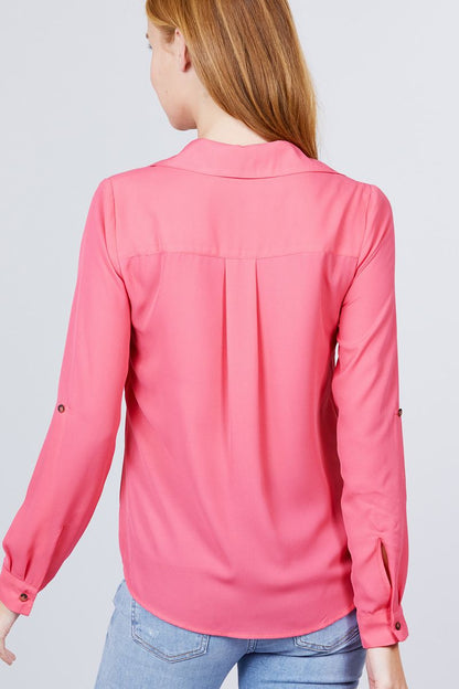 Roll Up Sleeve Pocket W/zipper Detail Woven Blouse