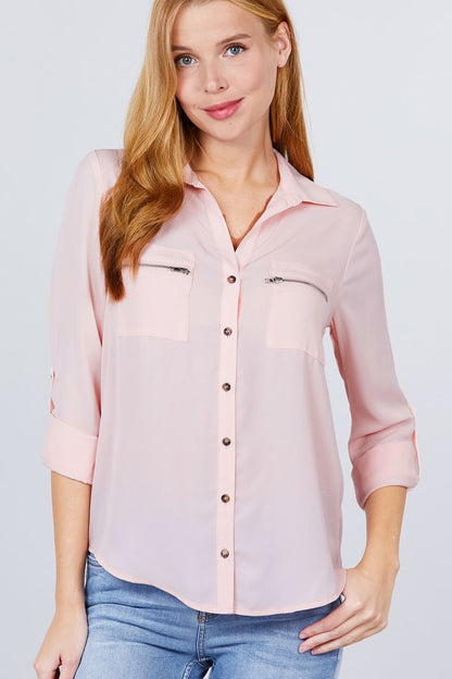 Roll Up Sleeve Pocket W/zipper Detail Woven Blouse