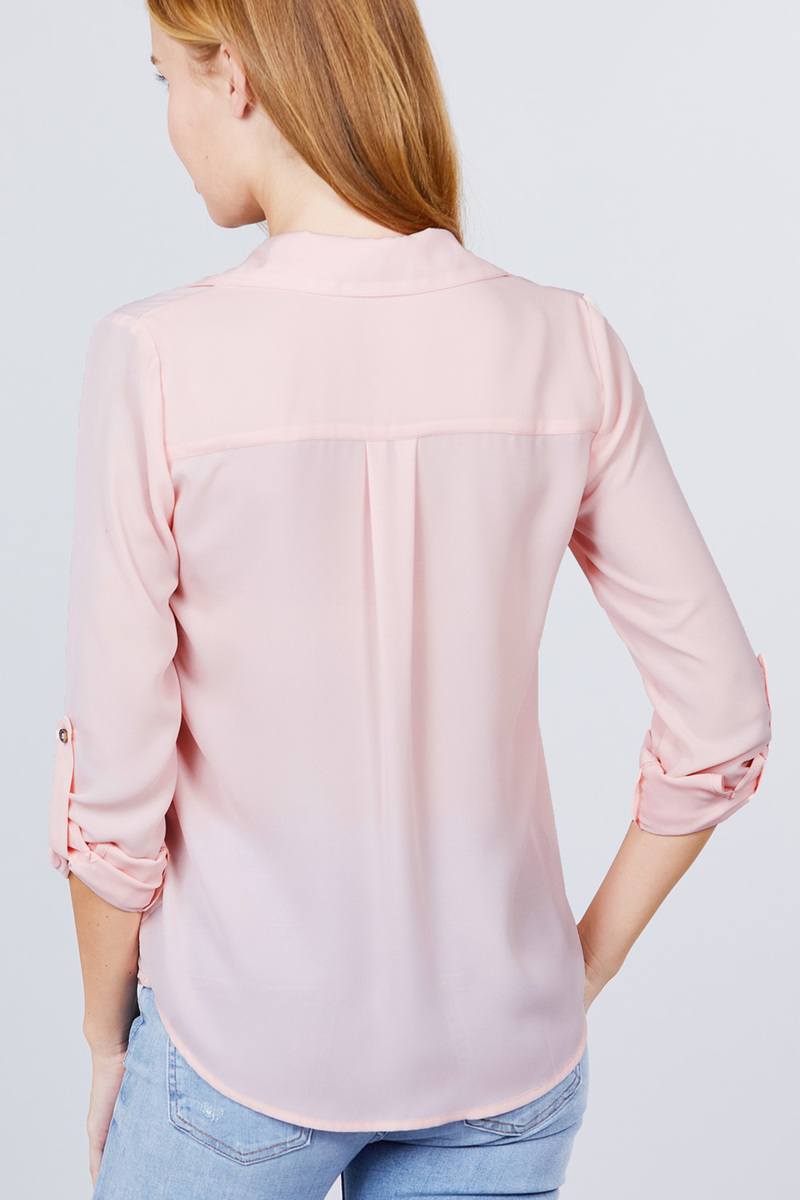 Roll Up Sleeve Pocket W/zipper Detail Woven Blouse