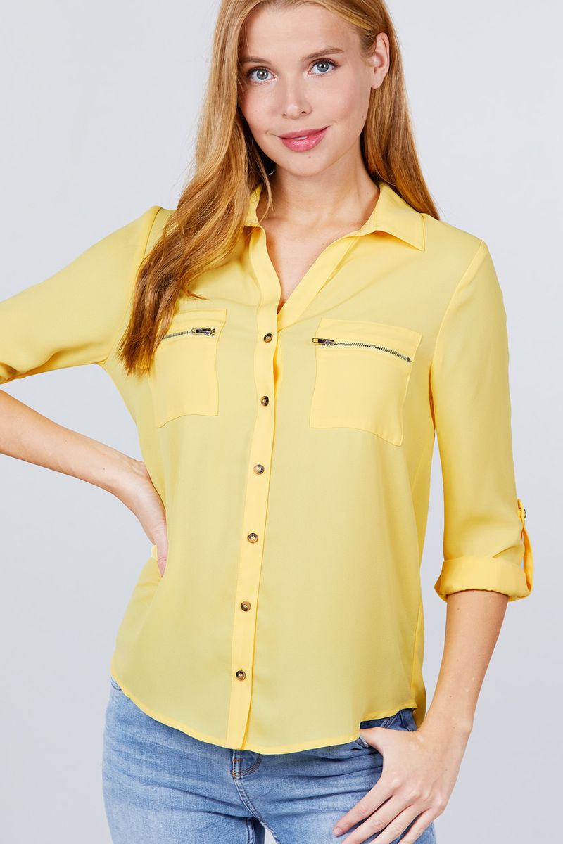 Roll Up Sleeve Pocket W/zipper Detail Woven Blouse