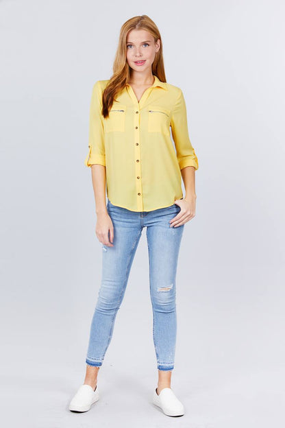 Roll Up Sleeve Pocket W/zipper Detail Woven Blouse