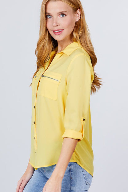 Roll Up Sleeve Pocket W/zipper Detail Woven Blouse