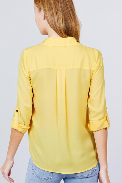 Roll Up Sleeve Pocket W/zipper Detail Woven Blouse