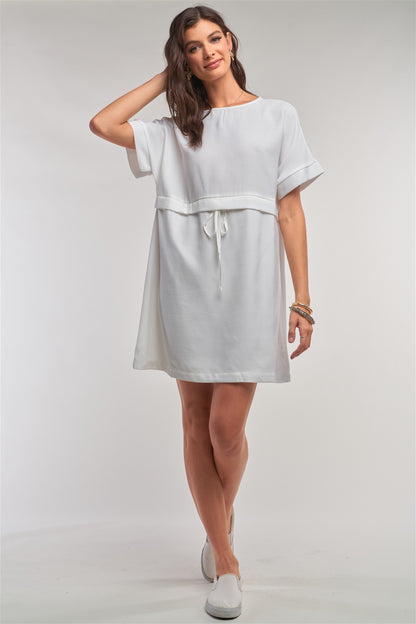 Off-white Short Sleeve Relaxed Fit Draw String Tie Waist Detail Mini Dress