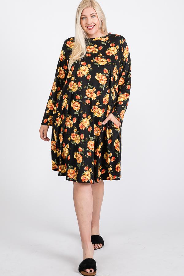 Floral Mock Neck Hidden Pocket Round Hem Midi Dress