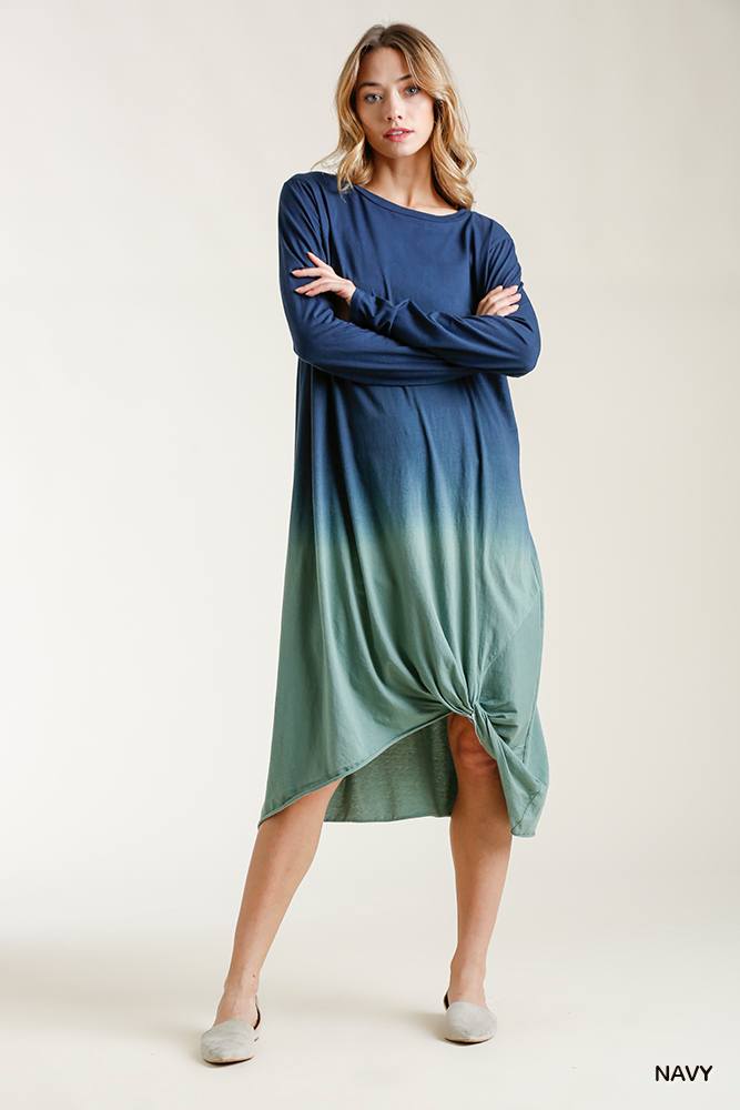 Ombre Front Knot Detail Long Sleeve Midi Dress With Raw Hem