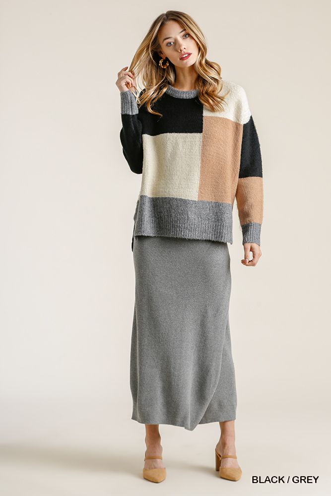 Colorblock Contrasted Sweater Cotton Top w/ Side Slits & High Low Hem