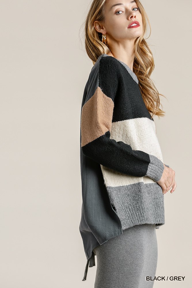 Colorblock Contrasted Sweater Cotton Top w/ Side Slits & High Low Hem