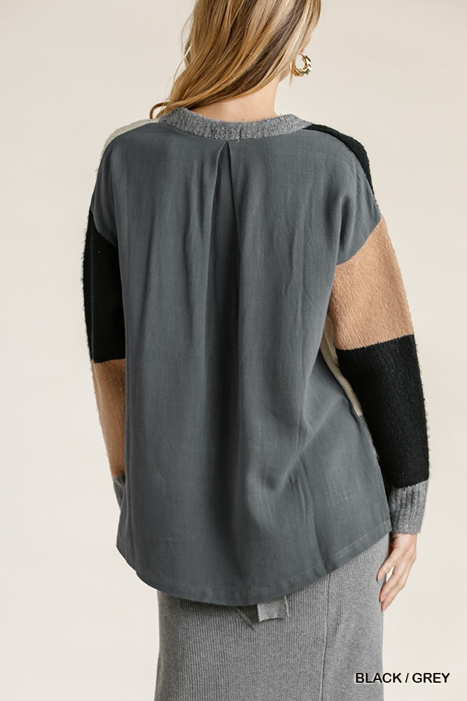 Colorblock Contrasted Sweater Cotton Top w/ Side Slits & High Low Hem