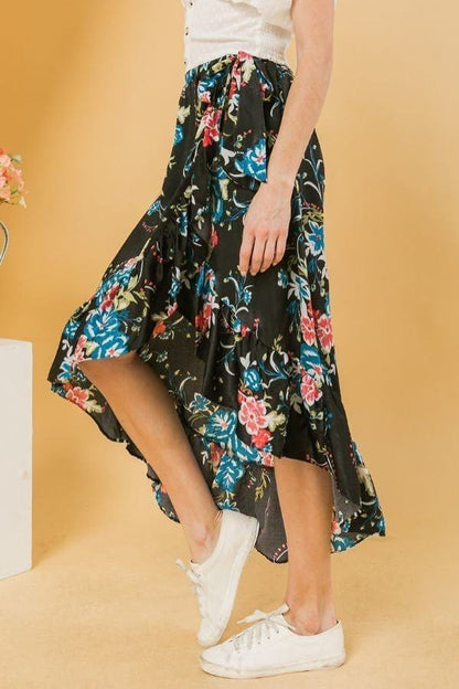 Floral Ruffle Skirt With Trim High Low