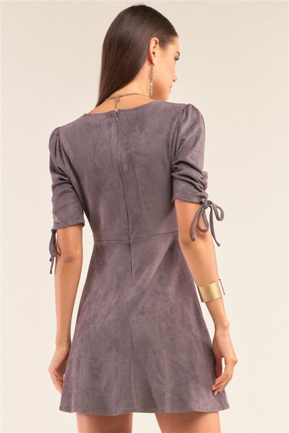 Charcoal Grey Suede Deep Plunge V-neck Gathered Detail Tight Fit Mini Dress